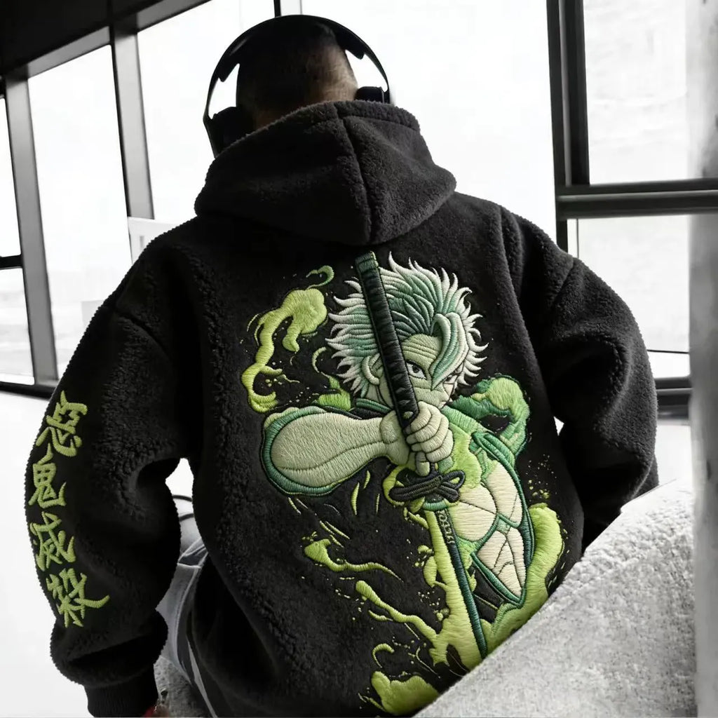 KNY Unisex Sanemi Shinazugawa Embroidery Sherpa Hoodie