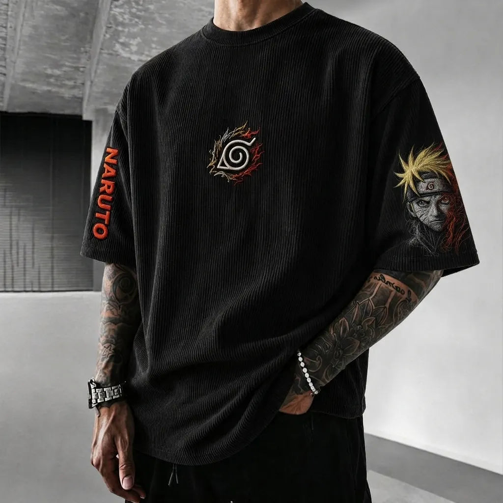 NINDO Unisex Anime-Style Retro Corduroy Oversized T-Shirt