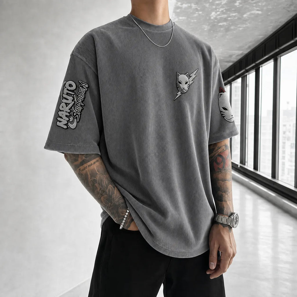 NINDO Unisex Anime-Style Retro Corduroy Oversized T-Shirt