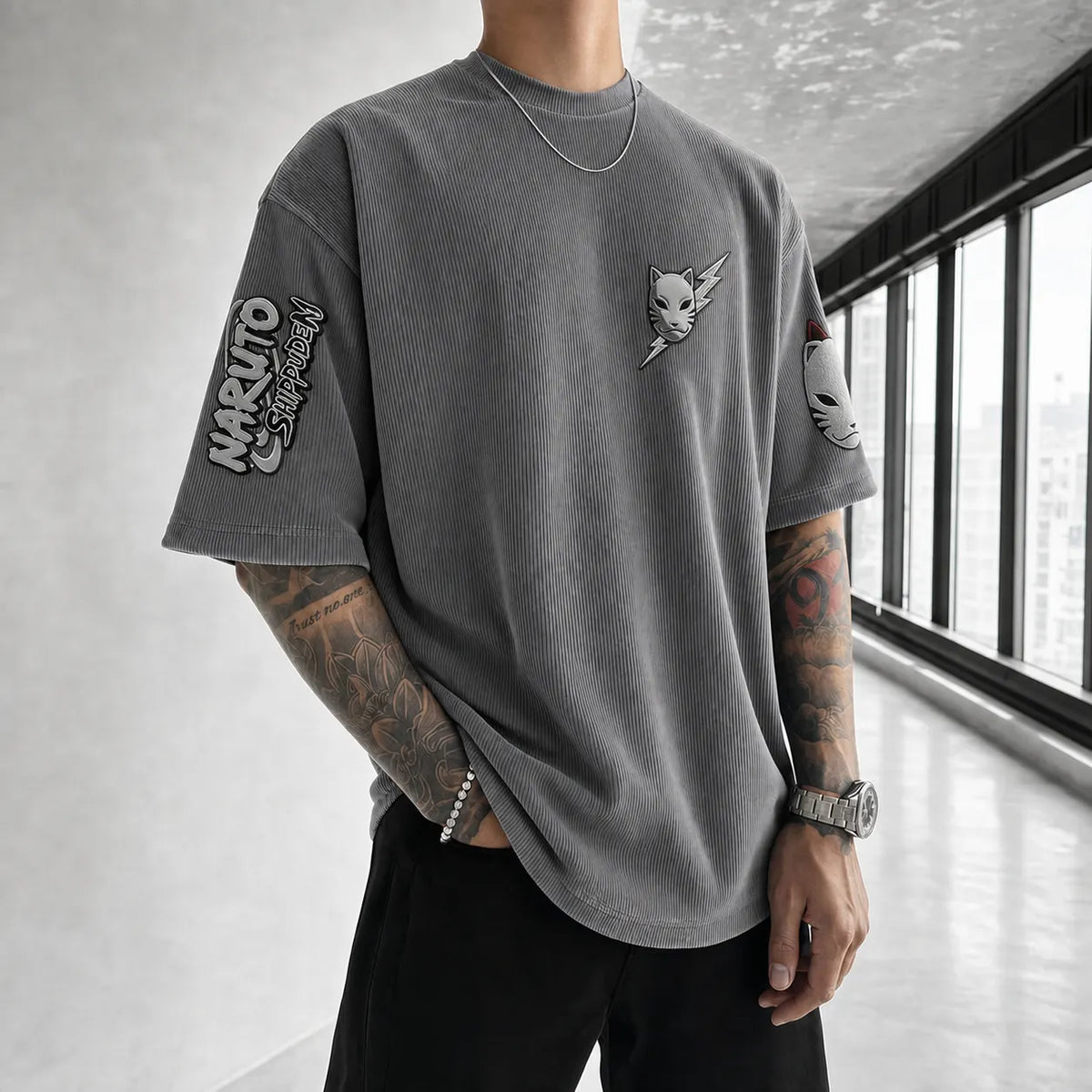 NINDO Unisex Anime-Style Retro Corduroy Oversized T-Shirt