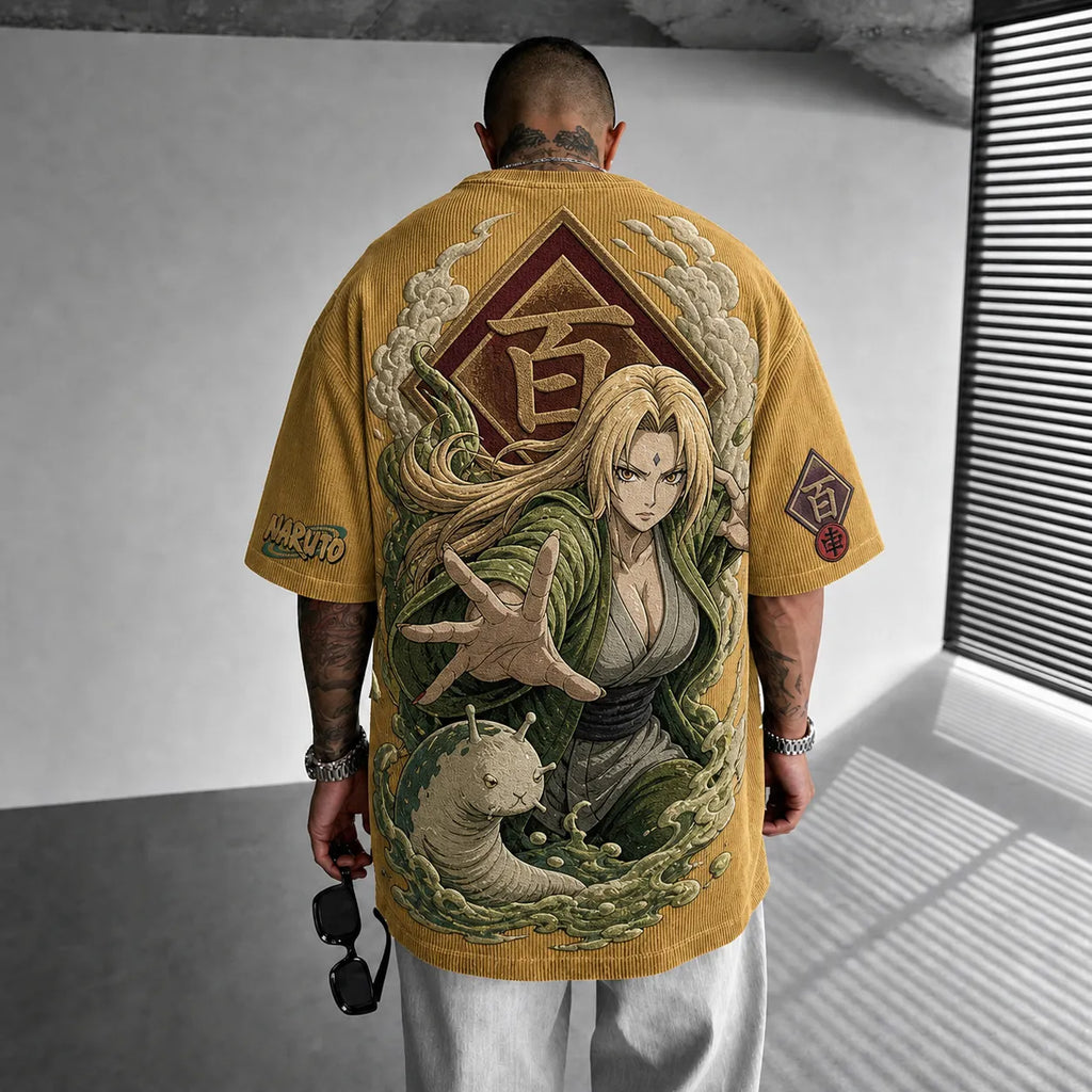 NINDO Unisex Anime-Style Retro Corduroy Oversized T-Shirt