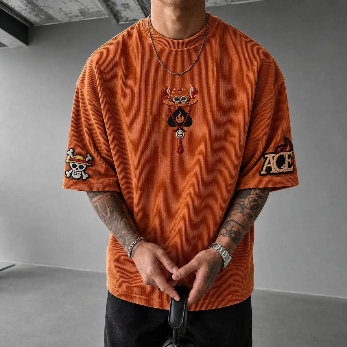 One Piece Unisex Anime-Style Retro Corduroy Oversized T-Shirt