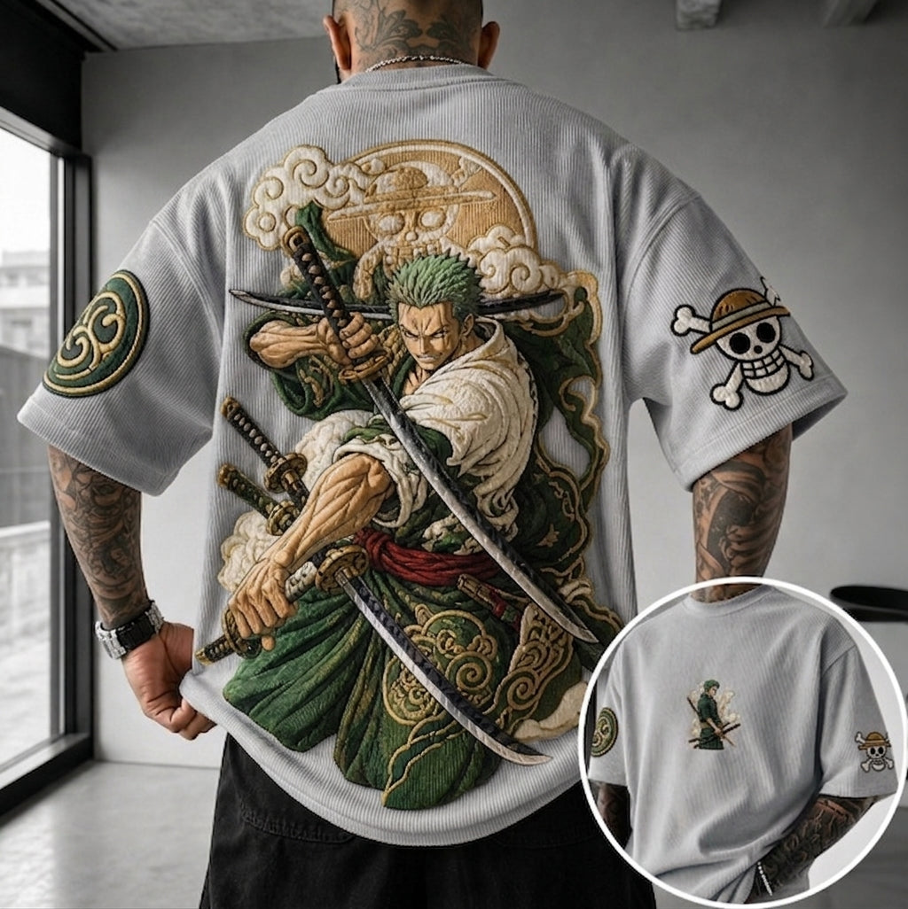 One Piece Unisex Anime-Style Retro Corduroy Oversized T-Shirt