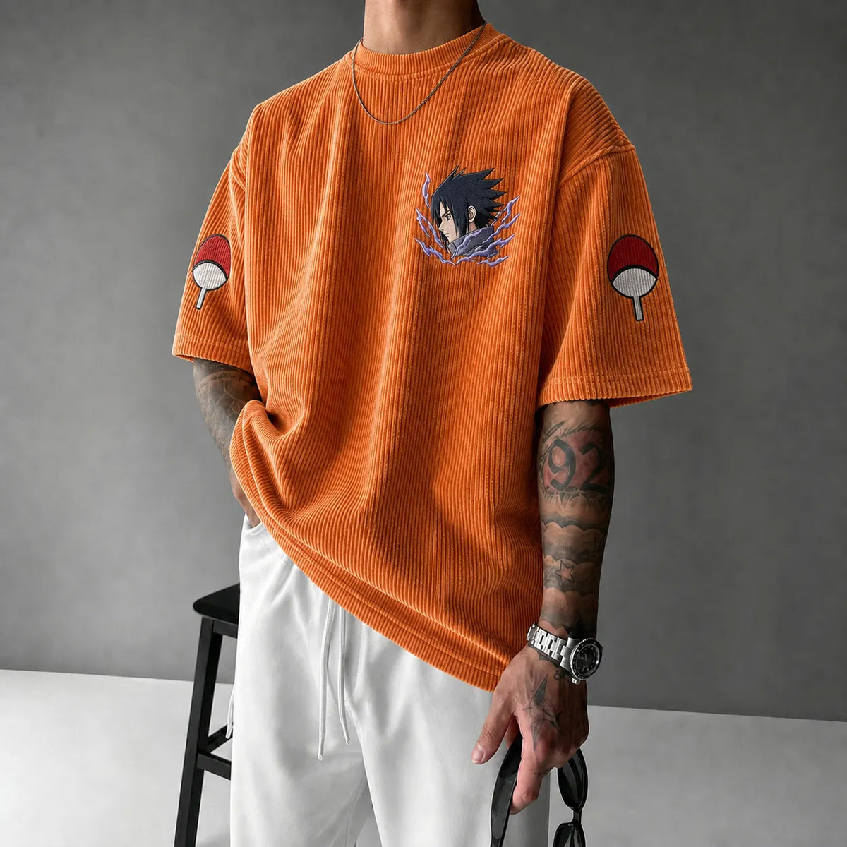 NINDO Unisex Oversized Anime-Print Vertical-Stripe Short-Sleeve T-Shirt