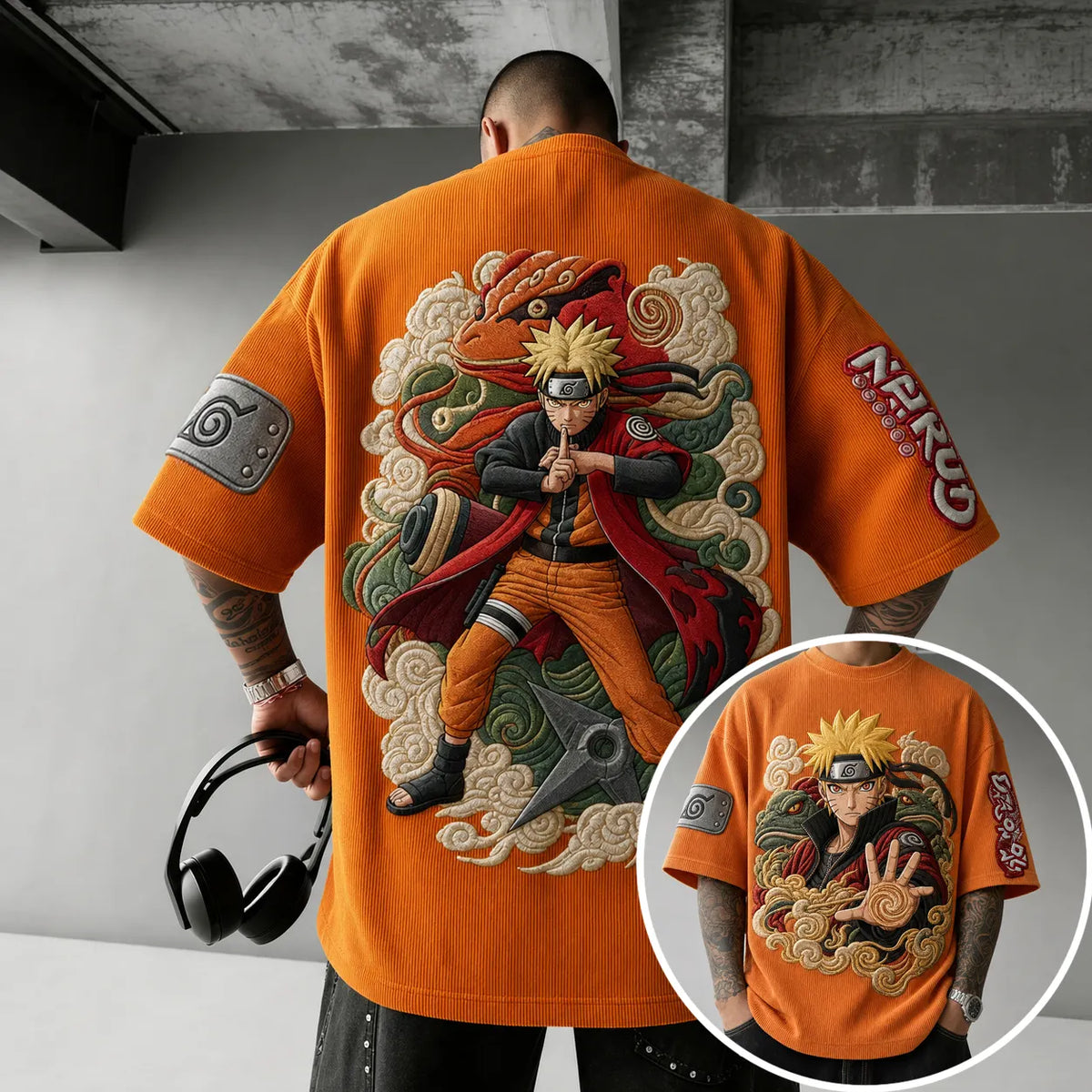 NINDO Unisex Oversized Anime-Print Vertical-Stripe Short-Sleeve T-Shirt