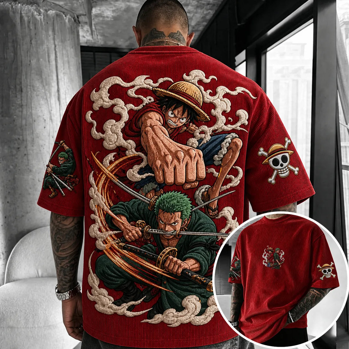 One Piece Unisex Anime-Style Retro Corduroy Oversized T-Shirt