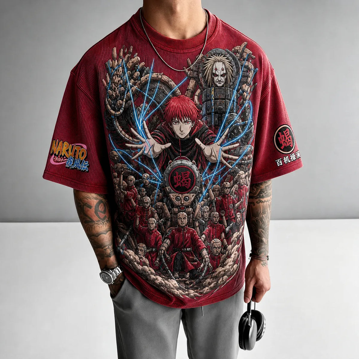 NINDO Unisex Oversized Anime-Print Vertical-Stripe Short-Sleeve T-Shirt