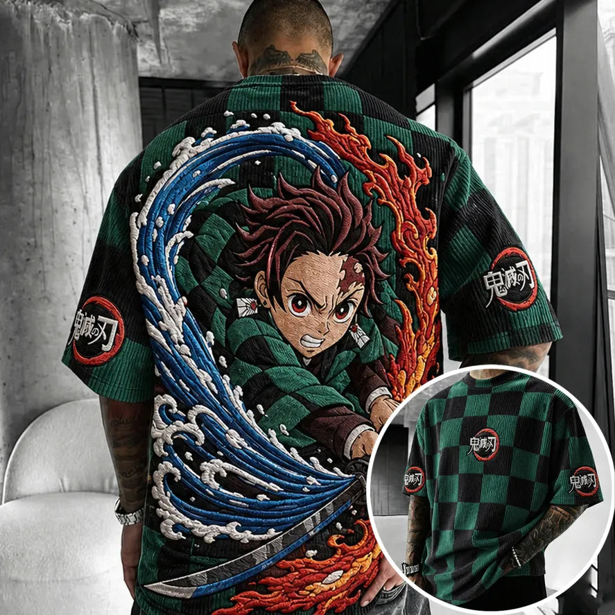 KNY Unisex Oversized Anime-Print Vertical-Stripe Short-Sleeve T-Shirt