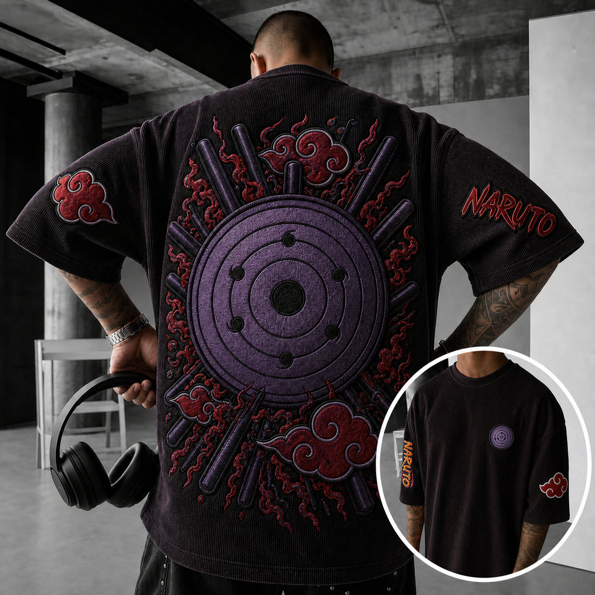 NINDO Unisex Anime-Style Retro Corduroy Oversized T-Shirt