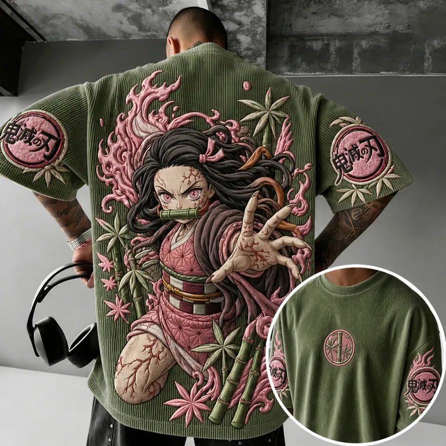 KNY Unisex Oversized Anime-Print Vertical-Stripe Short-Sleeve T-Shirt