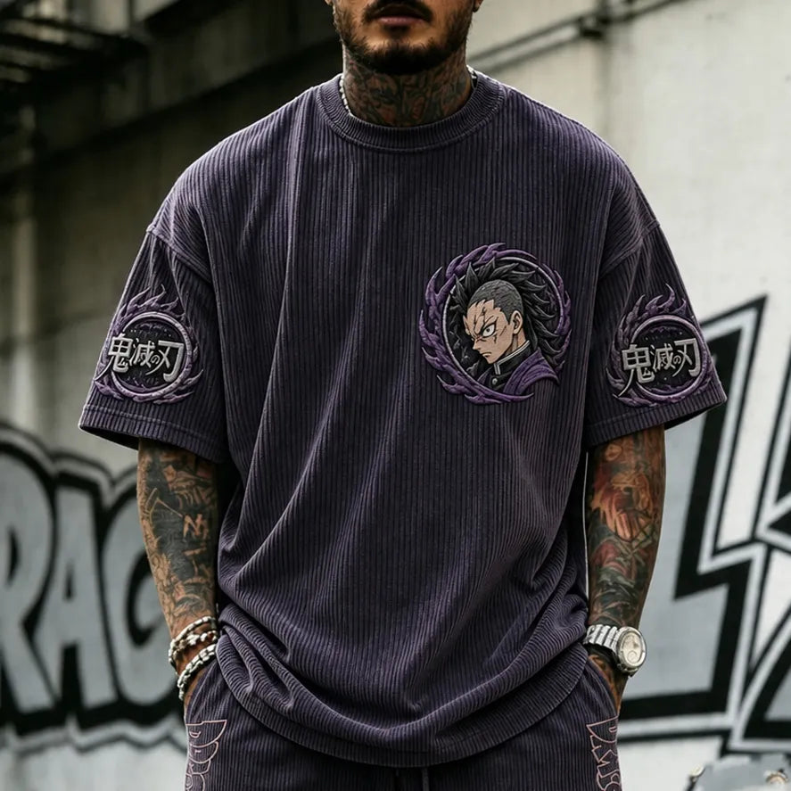 KNY Unisex Oversized Anime-Print Vertical-Stripe Short-Sleeve T-Shirt