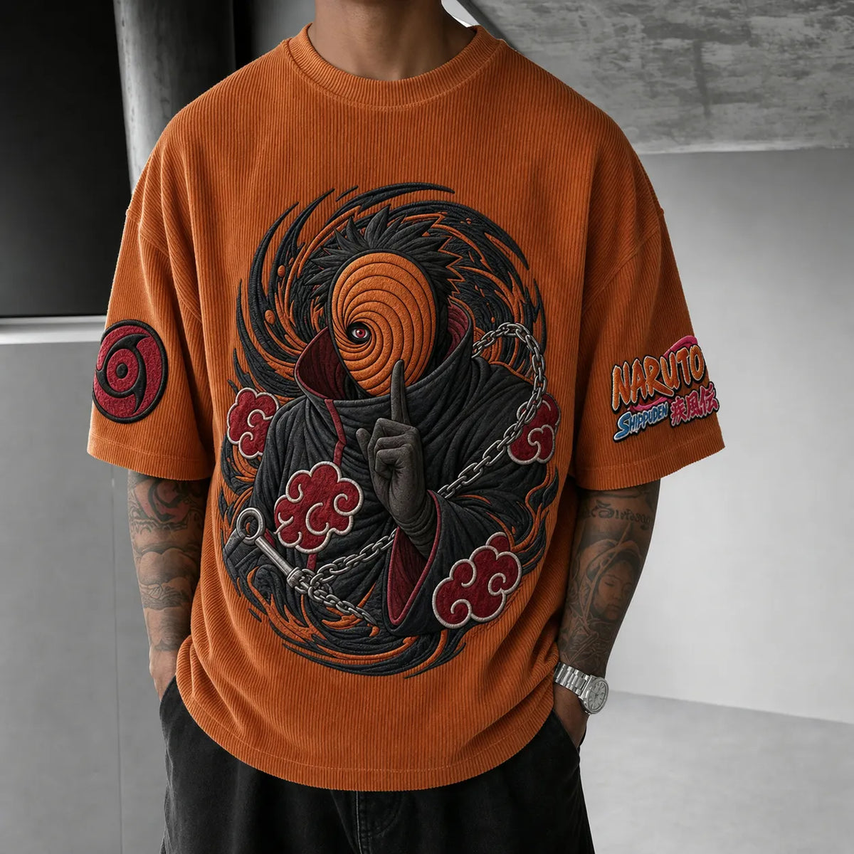 NINDO Unisex Oversized Anime-Print Vertical-Stripe Short-Sleeve T-Shirt
