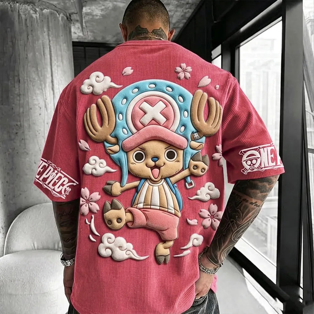 One Piece Unisex Anime-Style Retro Corduroy Oversized T-Shirt