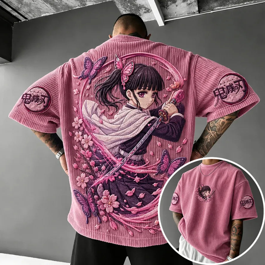 KNY Unisex Oversized Anime-Print Vertical-Stripe Short-Sleeve T-Shirt