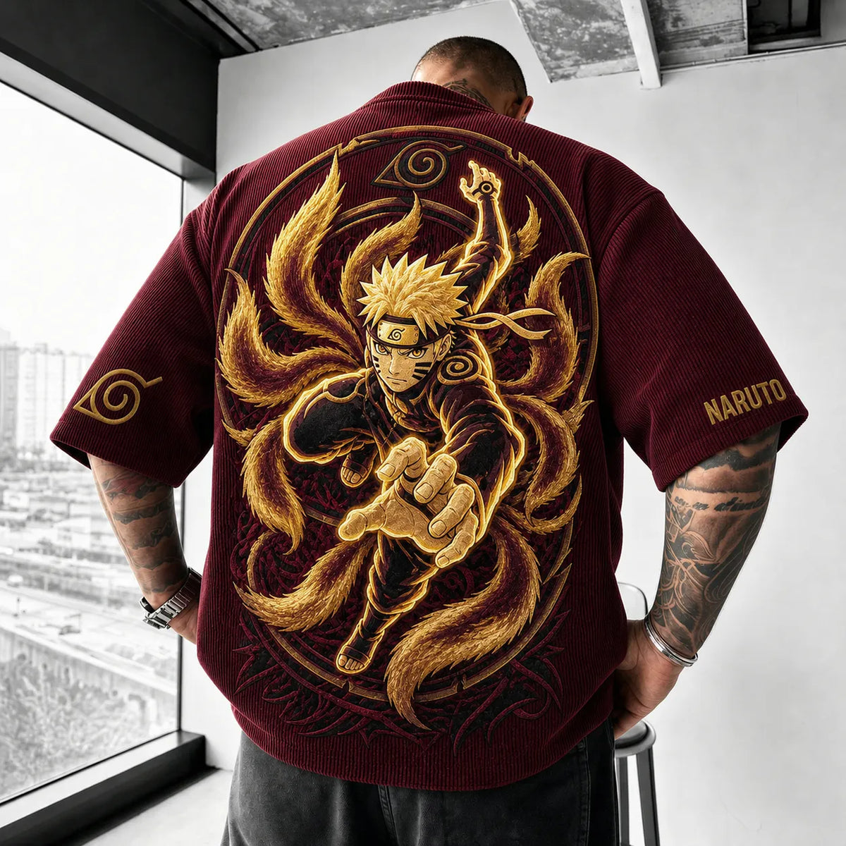NINDO Unisex Anime-Style Retro Corduroy Oversized T-Shirt