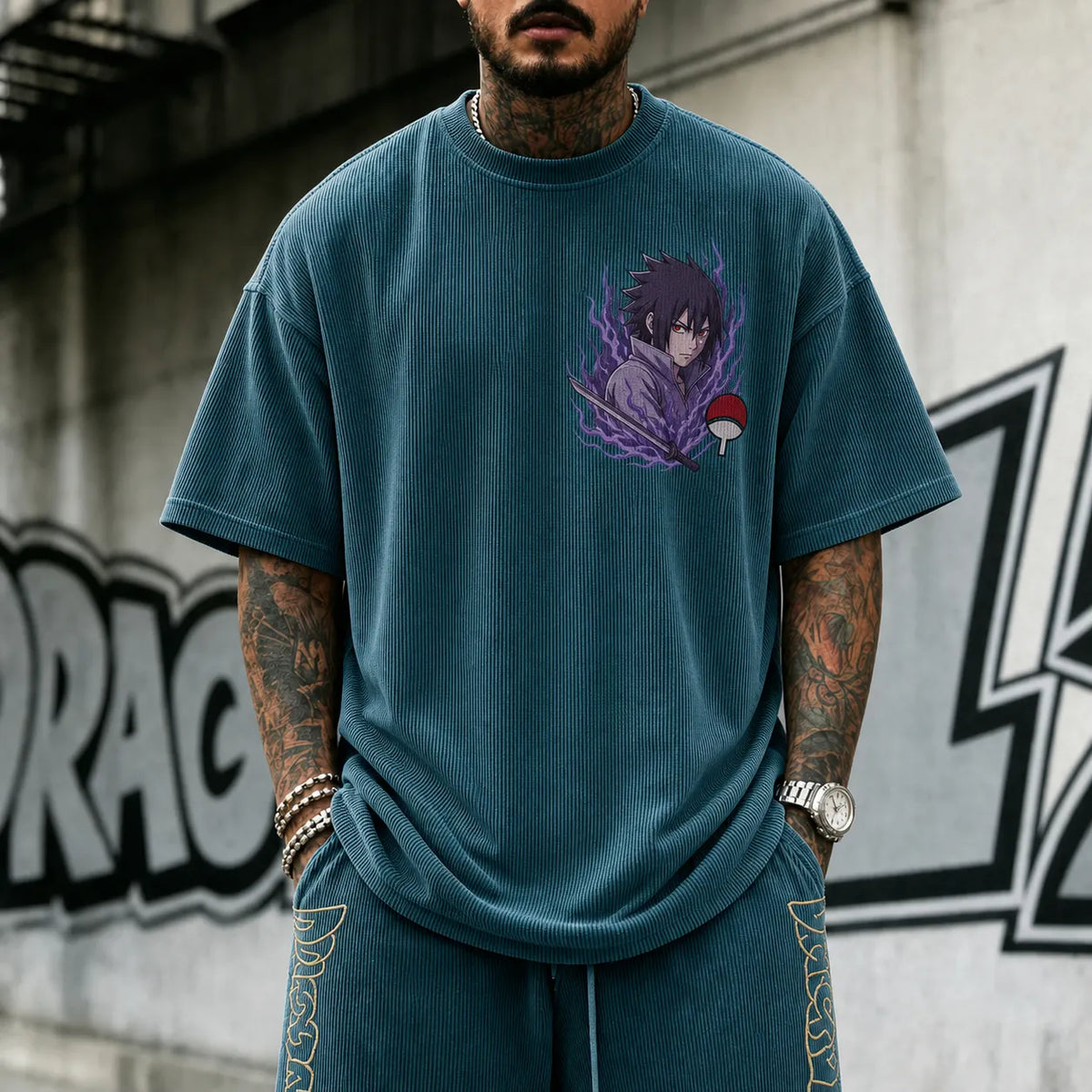 NINDO Unisex Oversized Anime-Print Vertical-Stripe Short-Sleeve T-Shirt