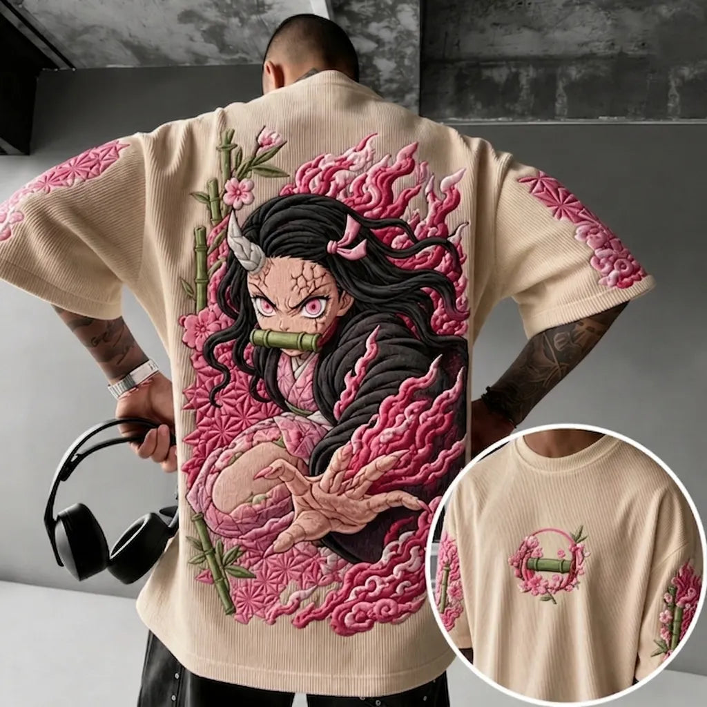 KNY Unisex Anime-Style Retro Corduroy Oversized T-Shirt