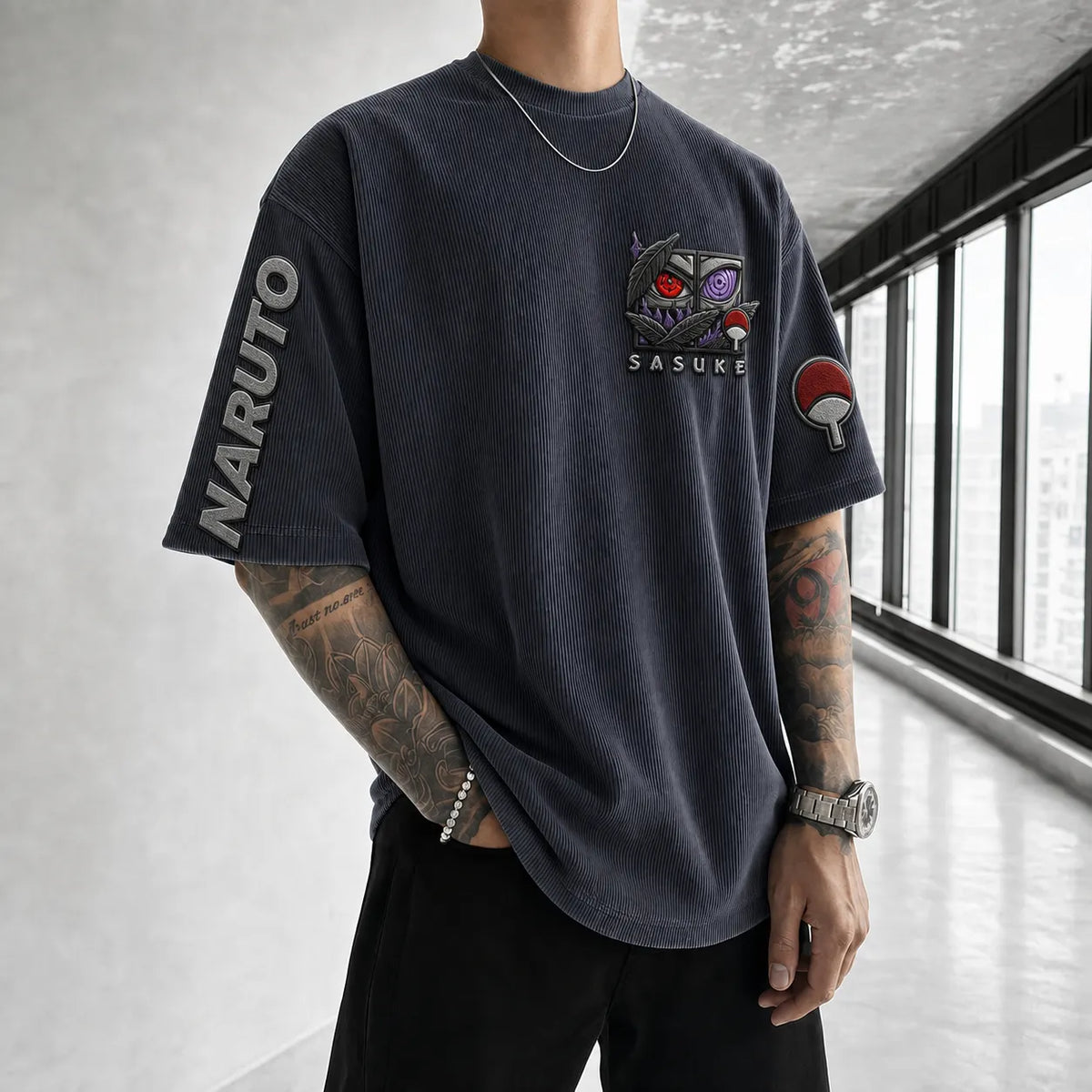 NINDO Unisex Anime-Style Retro Corduroy Oversized T-Shirt