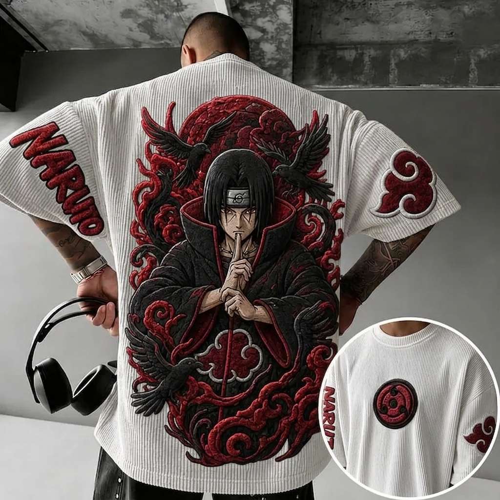 NINDO Unisex Anime-Style Retro Corduroy Oversized T-Shirt