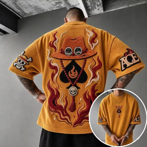 One Piece Unisex Anime-Style Retro Corduroy Oversized T-Shirt