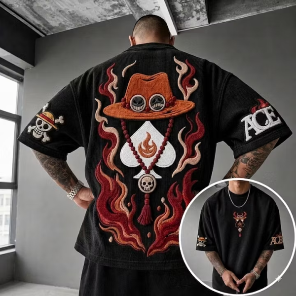 One Piece Unisex Anime-Style Retro Corduroy Oversized T-Shirt