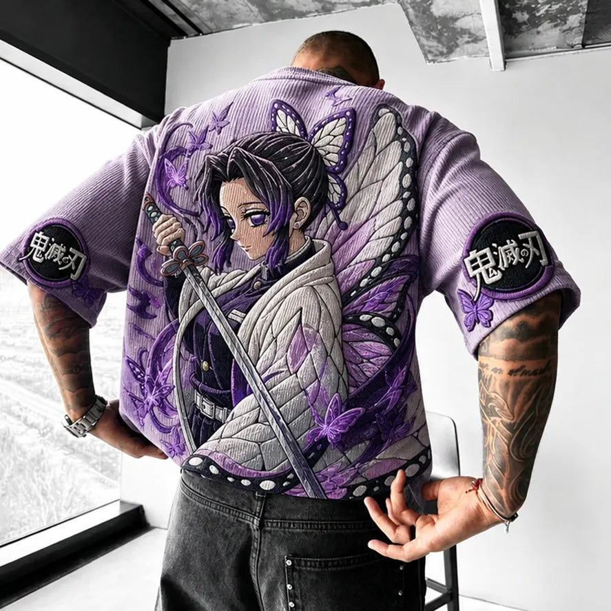 KNY Unisex Oversized Anime-Print Vertical-Stripe Short-Sleeve T-Shirt