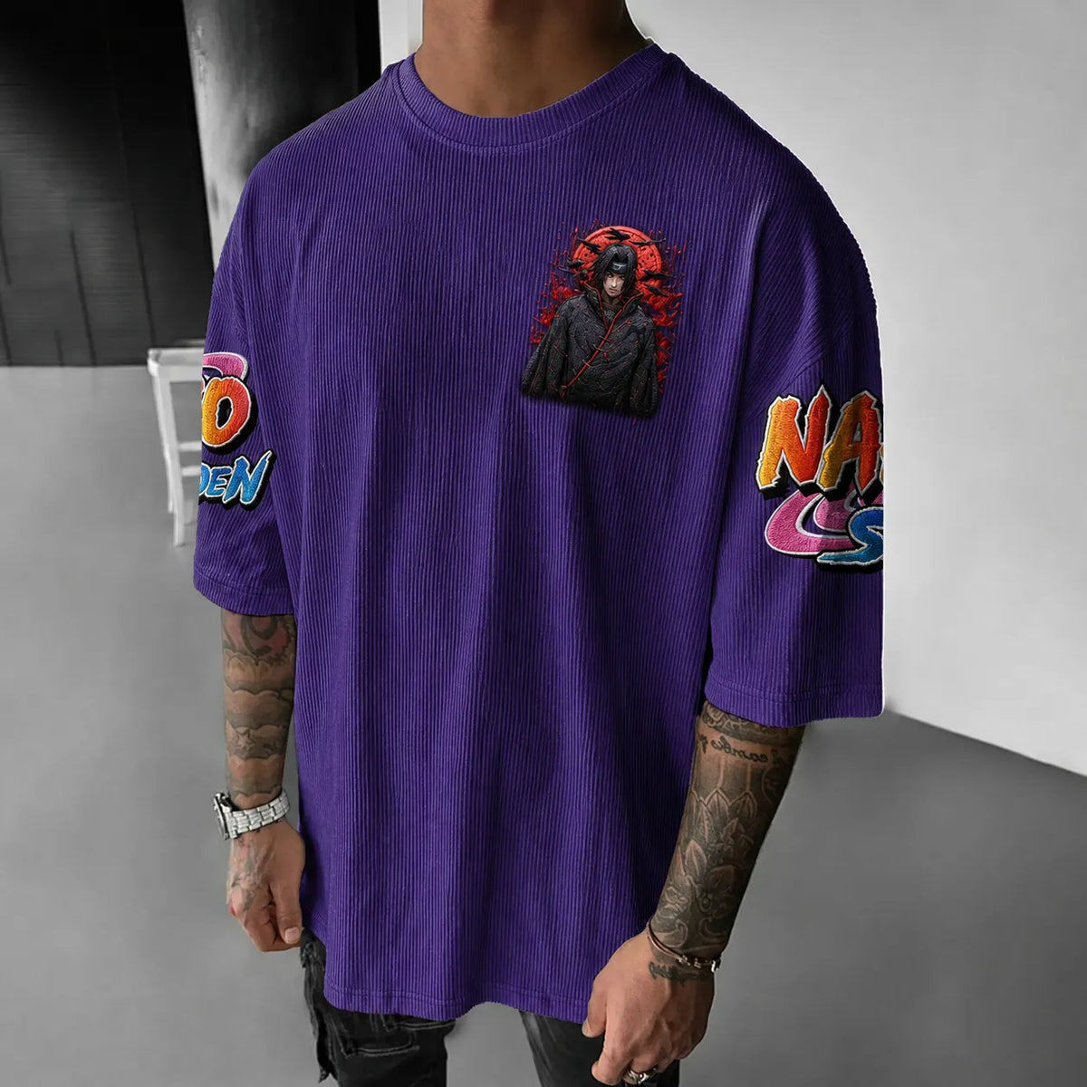 NINDO Unisex Anime-Style Retro Corduroy Oversized T-Shirt