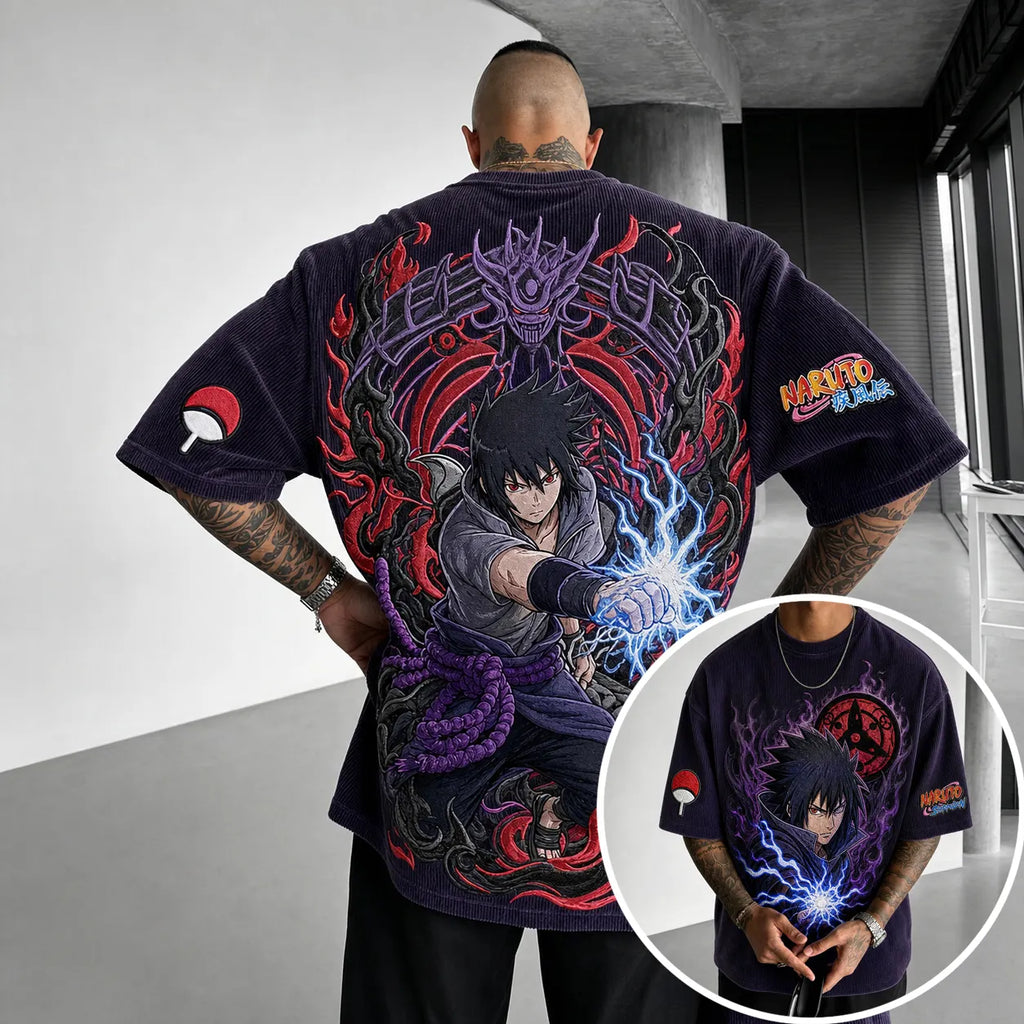 NINDO Unisex Oversized Anime-Print Vertical-Stripe Short-Sleeve T-Shirt