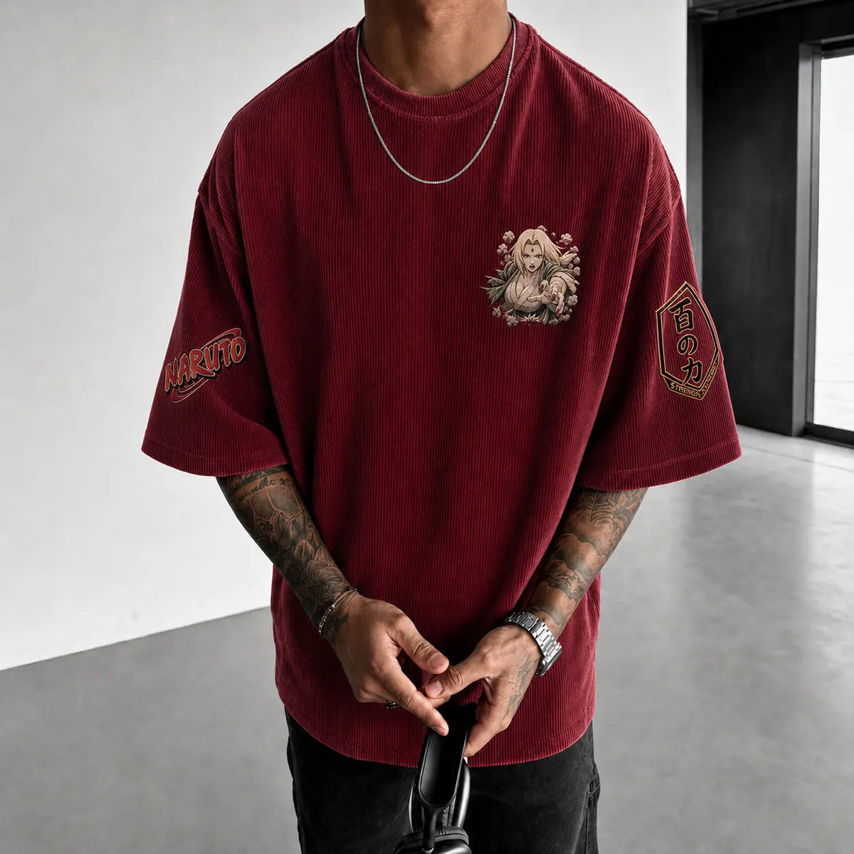 NINDO Unisex Anime-Style Retro Corduroy Oversized T-Shirt