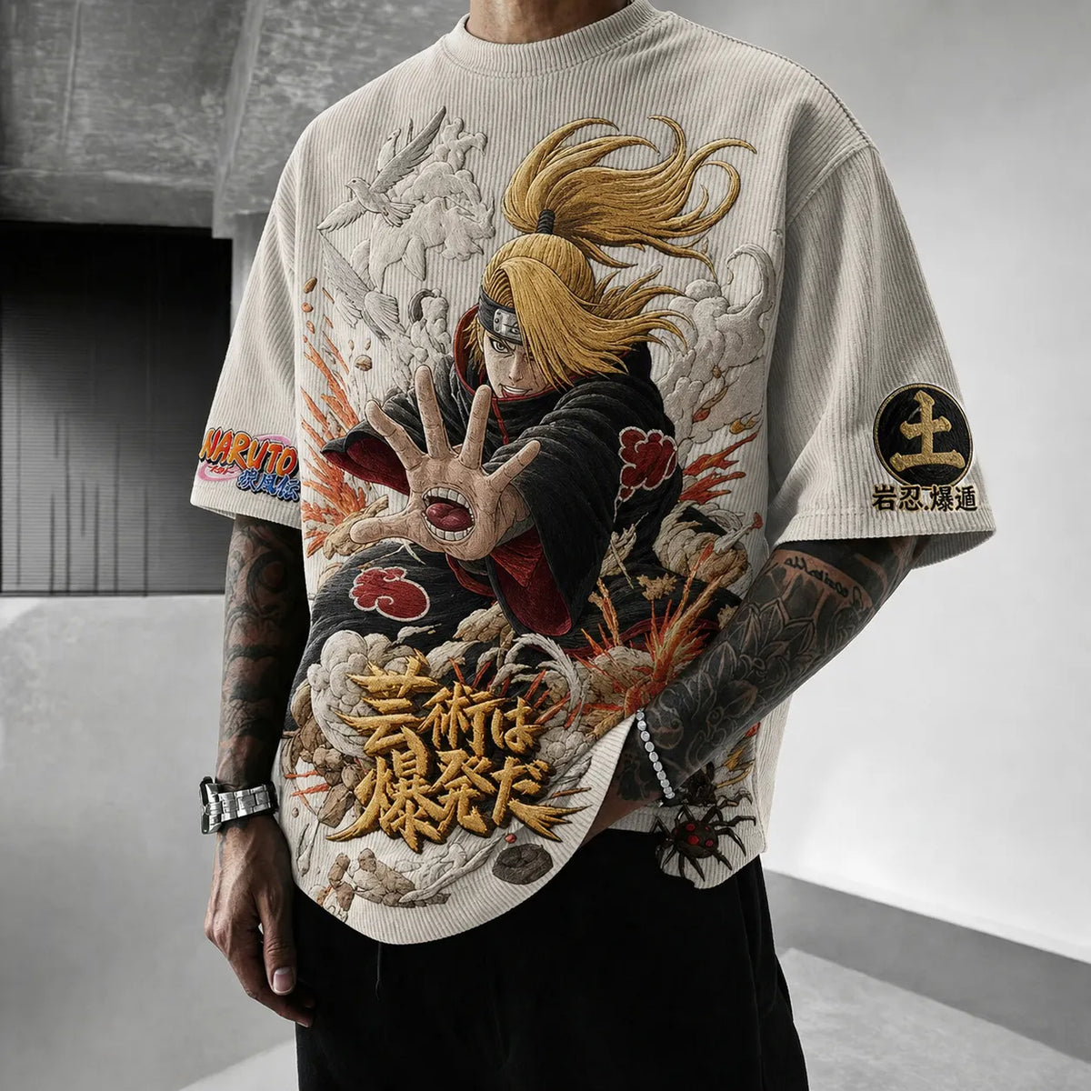 NINDO Unisex Oversized Anime-Print Vertical-Stripe Short-Sleeve T-Shirt