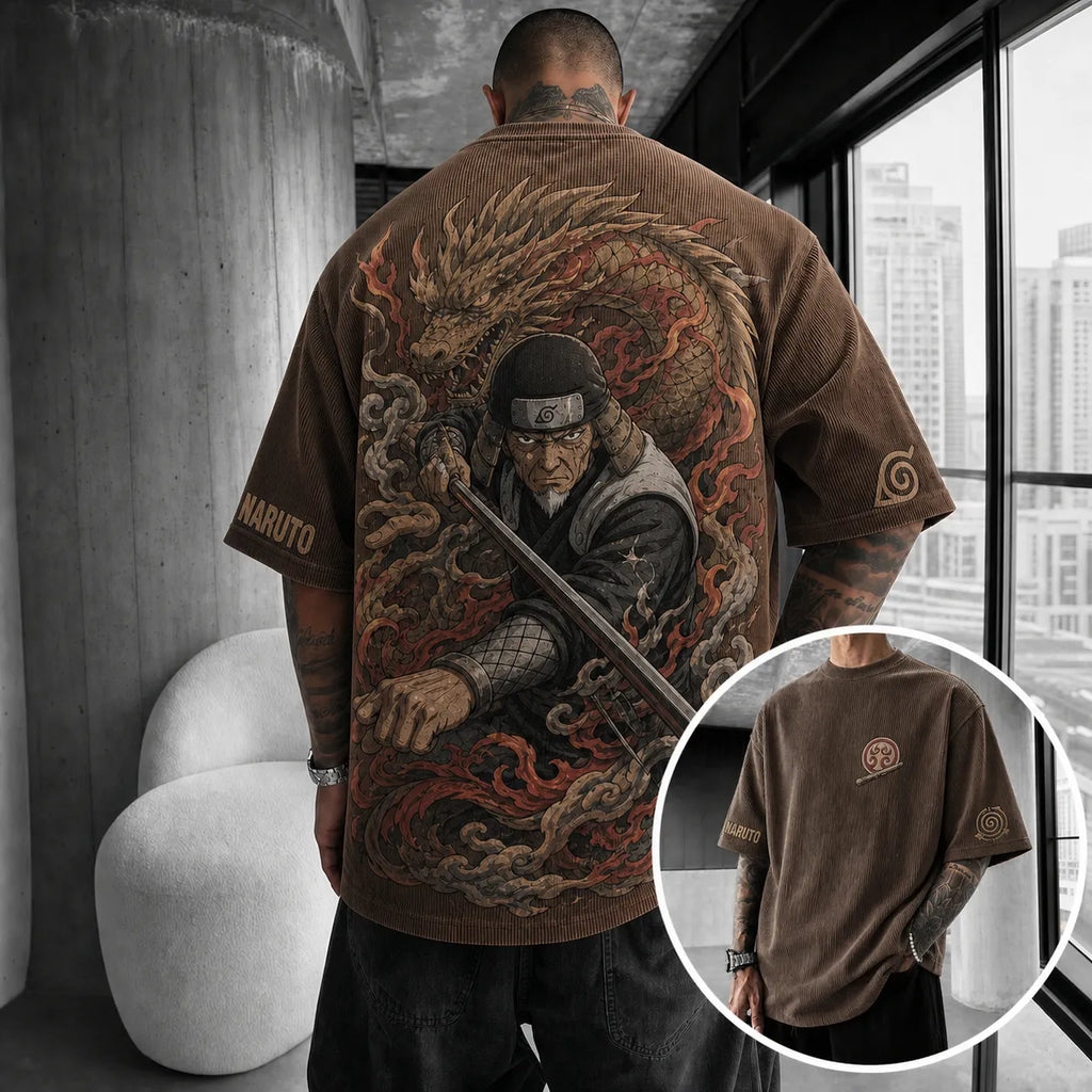 NINDO Unisex Anime-Style Retro Corduroy Oversized T-Shirt