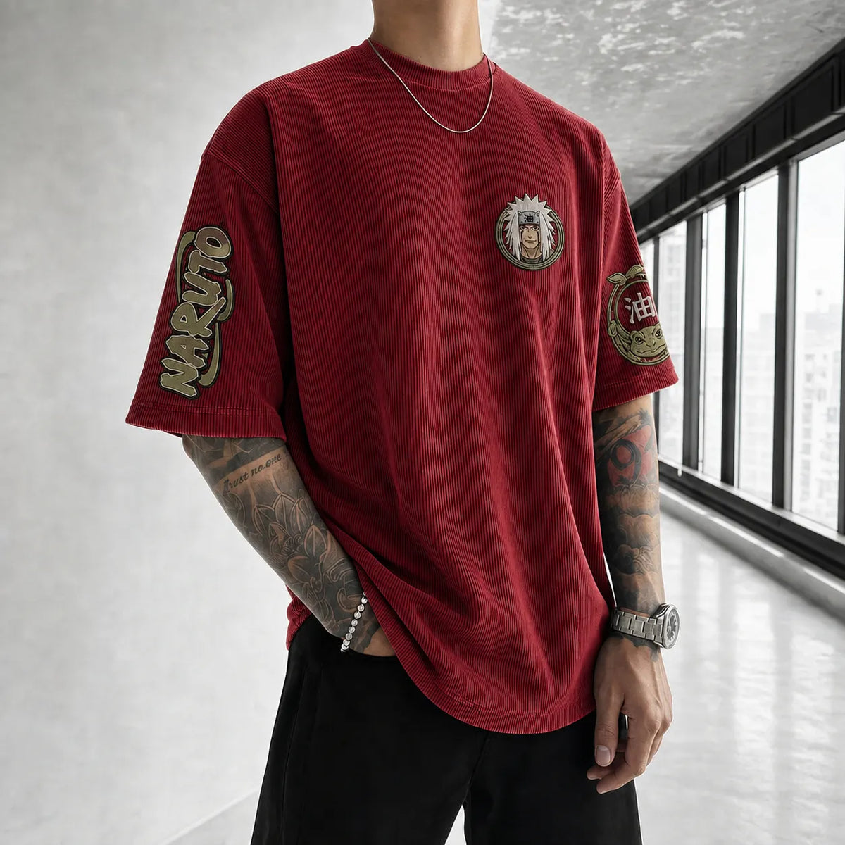NINDO Unisex Anime-Style Retro Corduroy Oversized T-Shirt