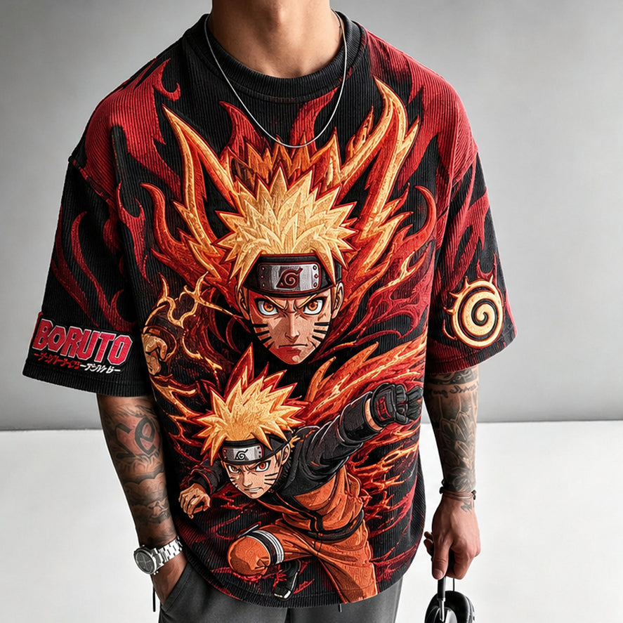 NINDO Unisex Oversized Anime-Print Vertical-Stripe Short-Sleeve T-Shirt