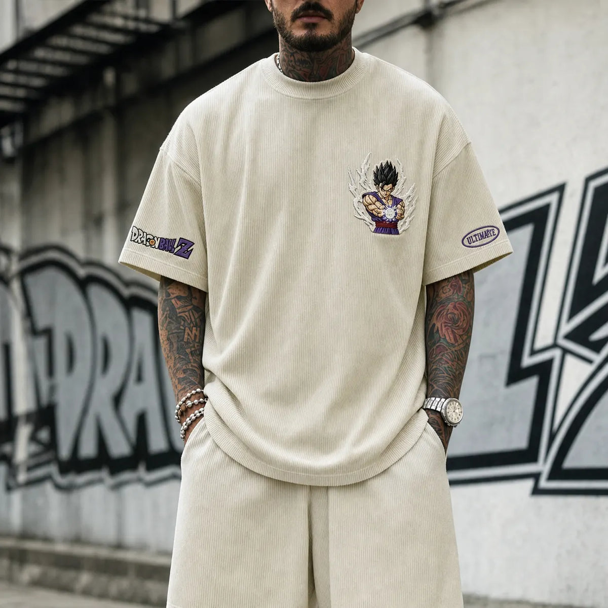 Dragon Ball Unisex Loose-Fit Rock Band Vertical Stripe T-Shirt