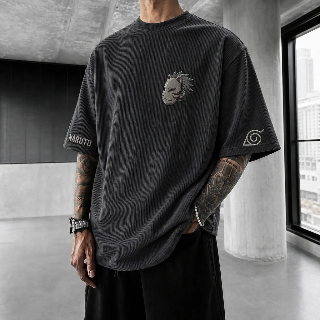 NINDO Unisex Anime-Style Retro Corduroy Oversized T-Shirt