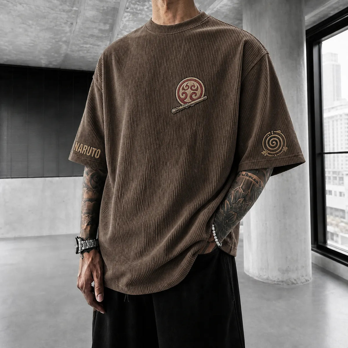 NINDO Unisex Anime-Style Retro Corduroy Oversized T-Shirt
