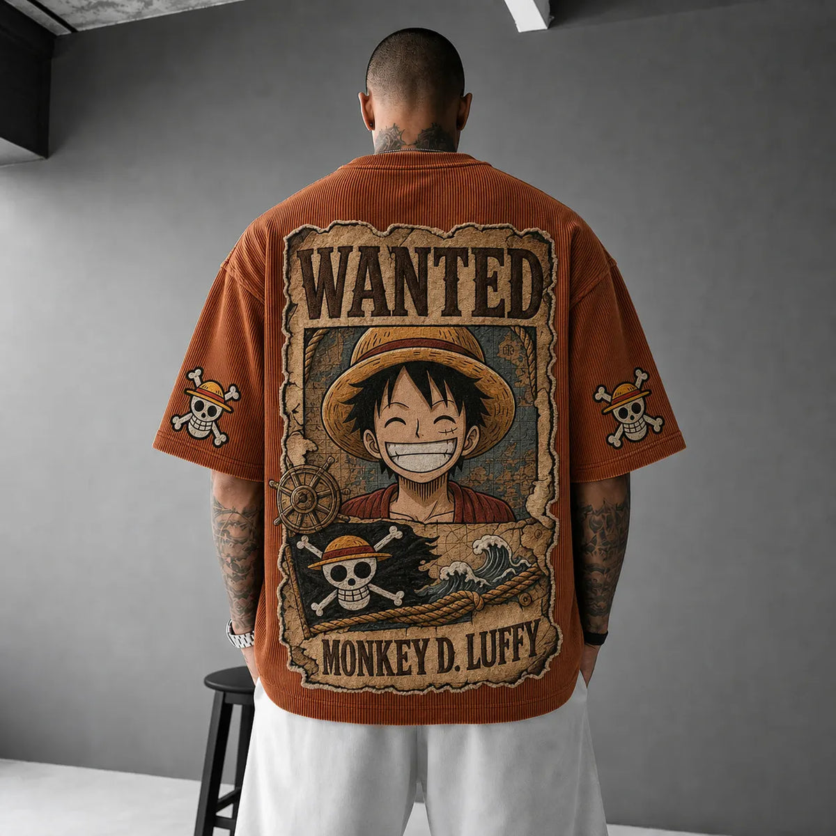 One Piece Unisex Oversized Anime-Print Vertical-Stripe Short-Sleeve T-Shirt