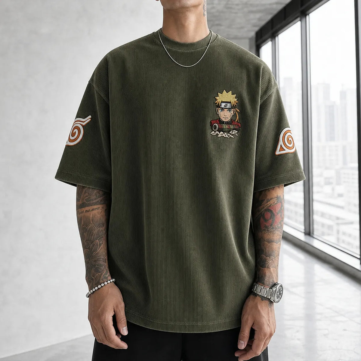 NINDO Unisex Oversized Anime-Print Vertical-Stripe Short-Sleeve T-Shirt