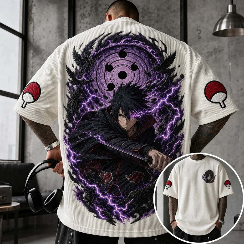 NINDO Unisex Oversized Anime-Print Vertical-Stripe Short-Sleeve T-Shirt