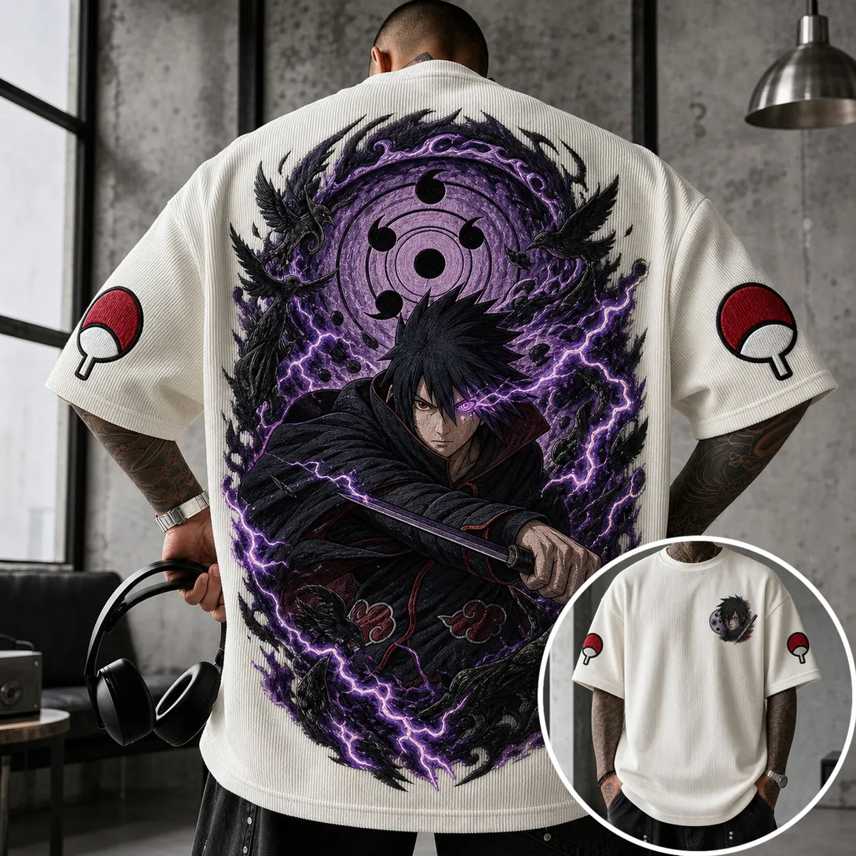 NINDO Unisex Oversized Anime-Print Vertical-Stripe Short-Sleeve T-Shirt