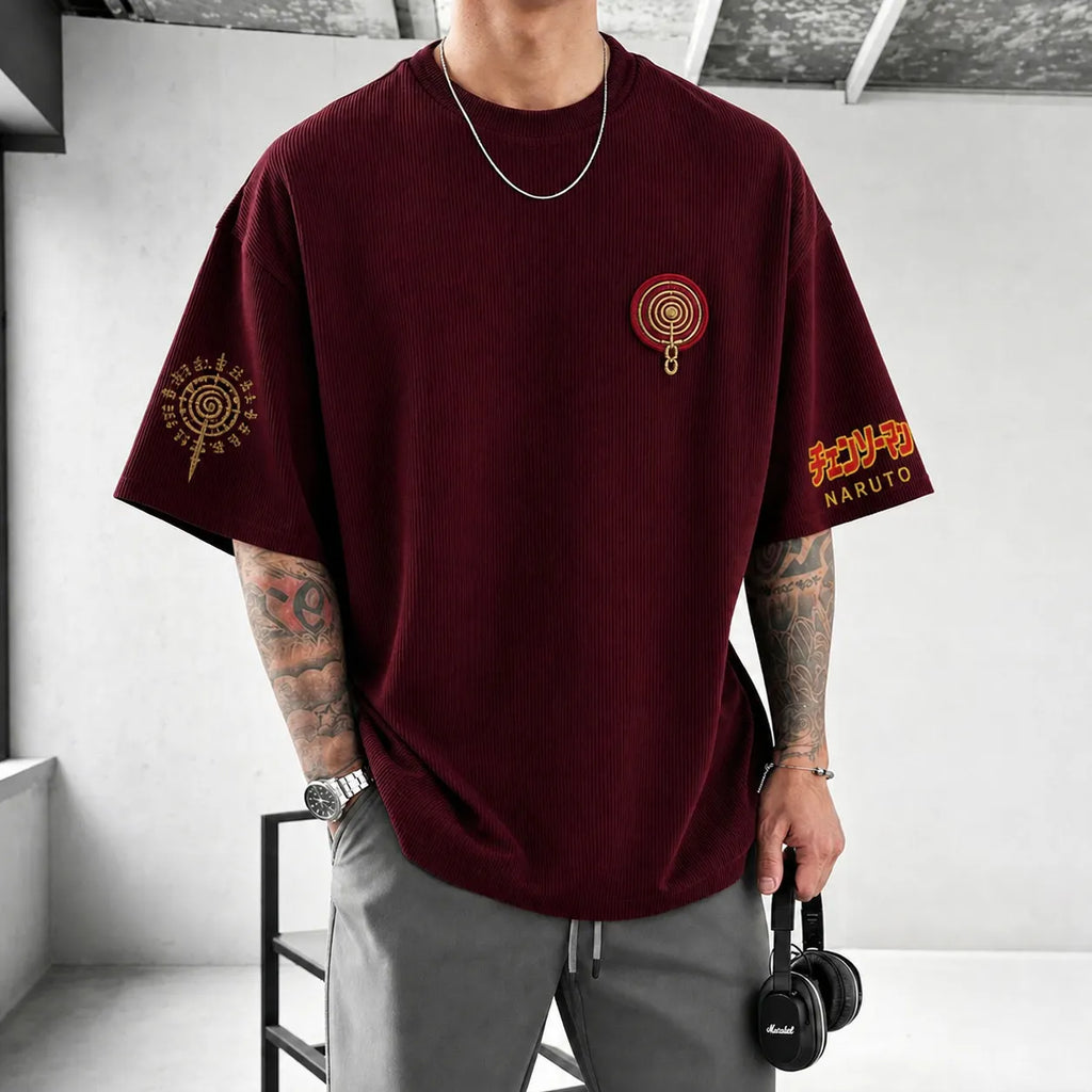 NINDO Unisex Anime-Style Retro Corduroy Oversized T-Shirt
