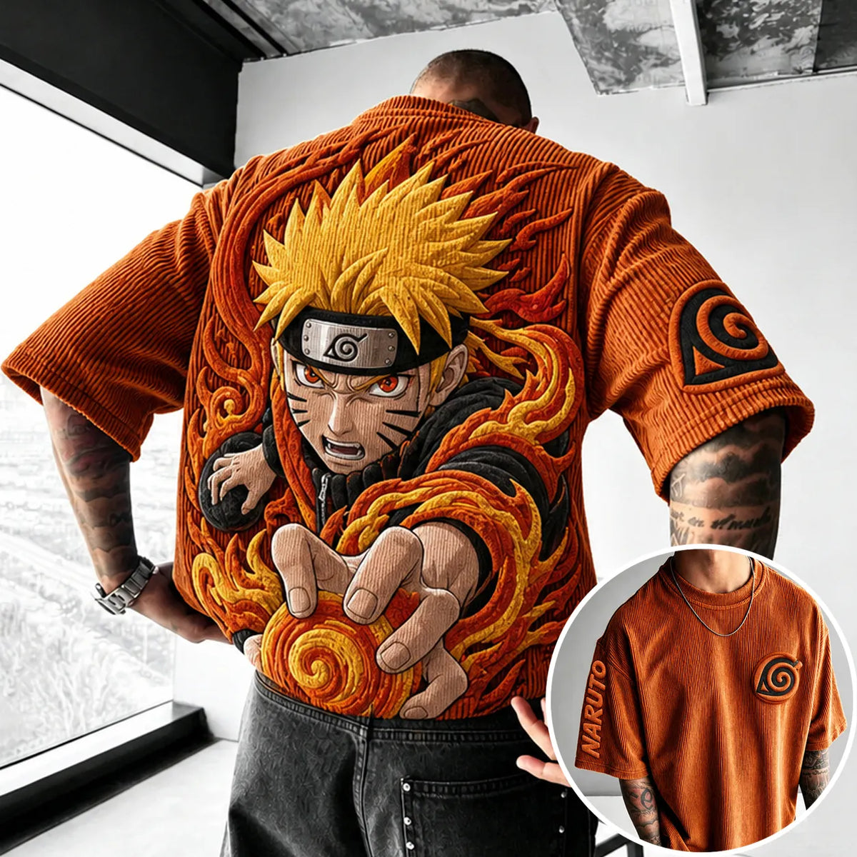 NINDO Unisex Anime-Style Retro Corduroy Oversized T-Shirt