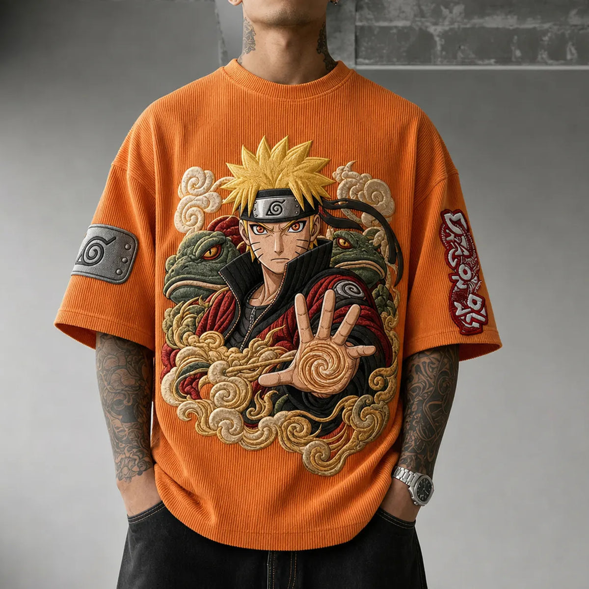 NINDO Unisex Oversized Anime-Print Vertical-Stripe Short-Sleeve T-Shirt