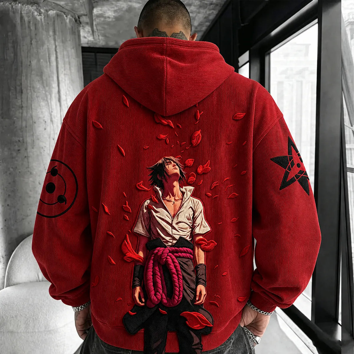 NINDO Unisex Retro Corduroy Hoodie With Anime-style Graphics