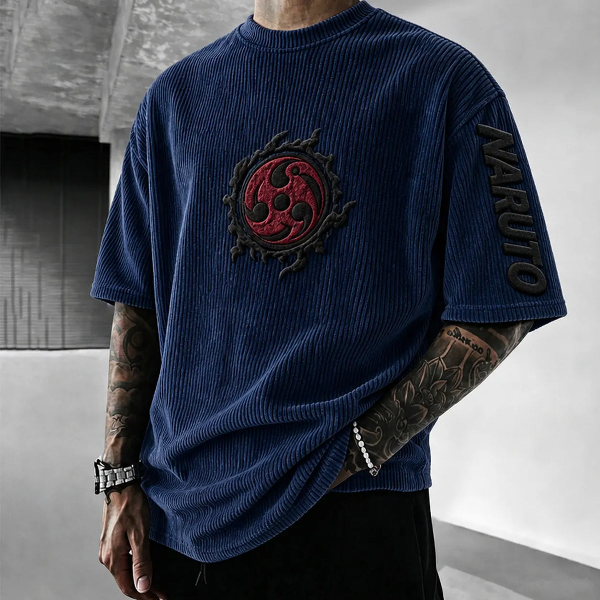 NINDO Unisex Anime-Style Retro Corduroy Oversized T-Shirt