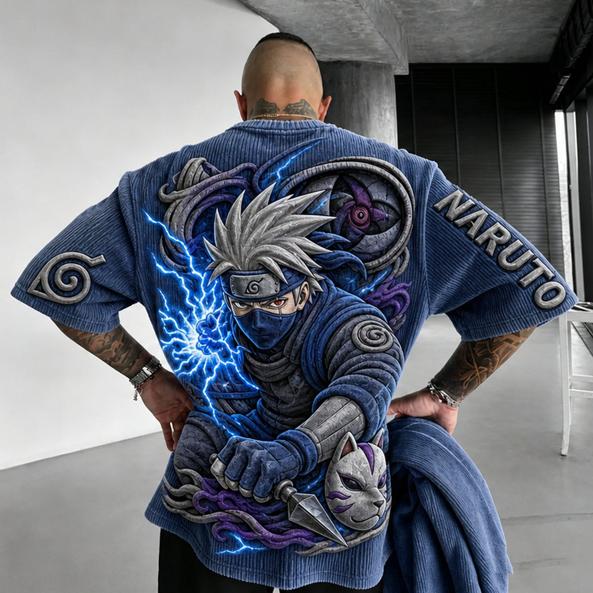 NINDO Unisex Anime-Style Retro Corduroy Oversized T-Shirt