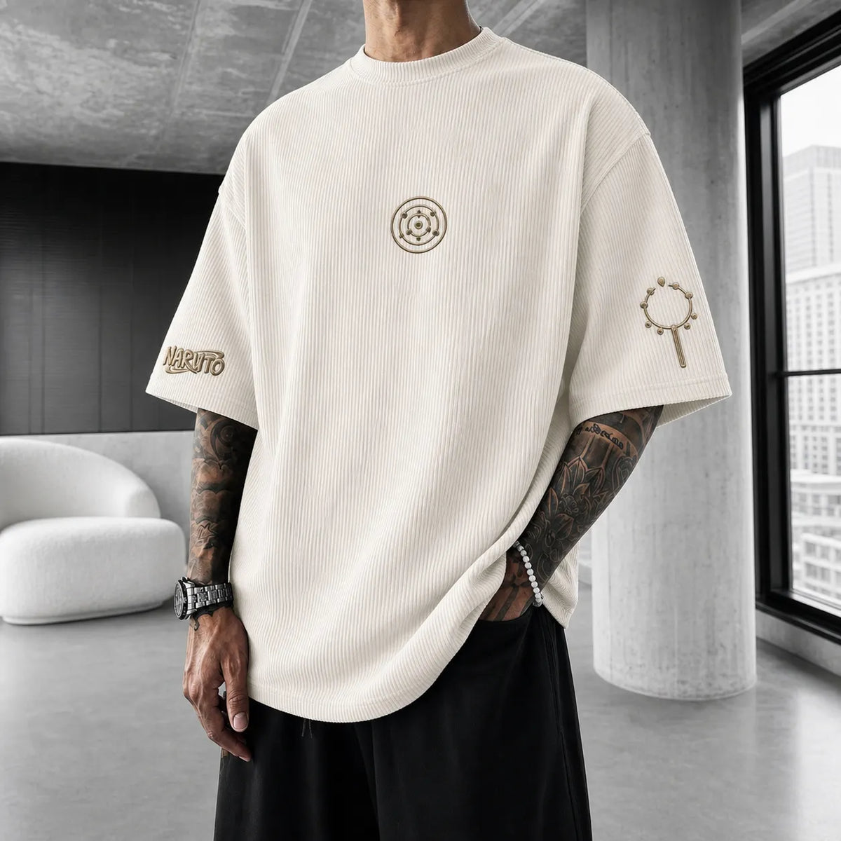 NINDO Unisex Anime-Style Retro Corduroy Oversized T-Shirt