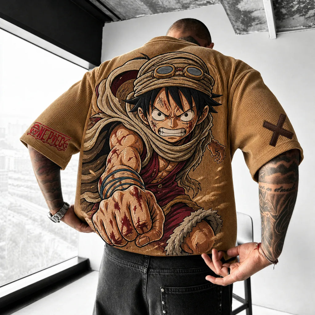 One Piece Unisex Short-Sleeve Corduroy T-Shirt With Anime Print