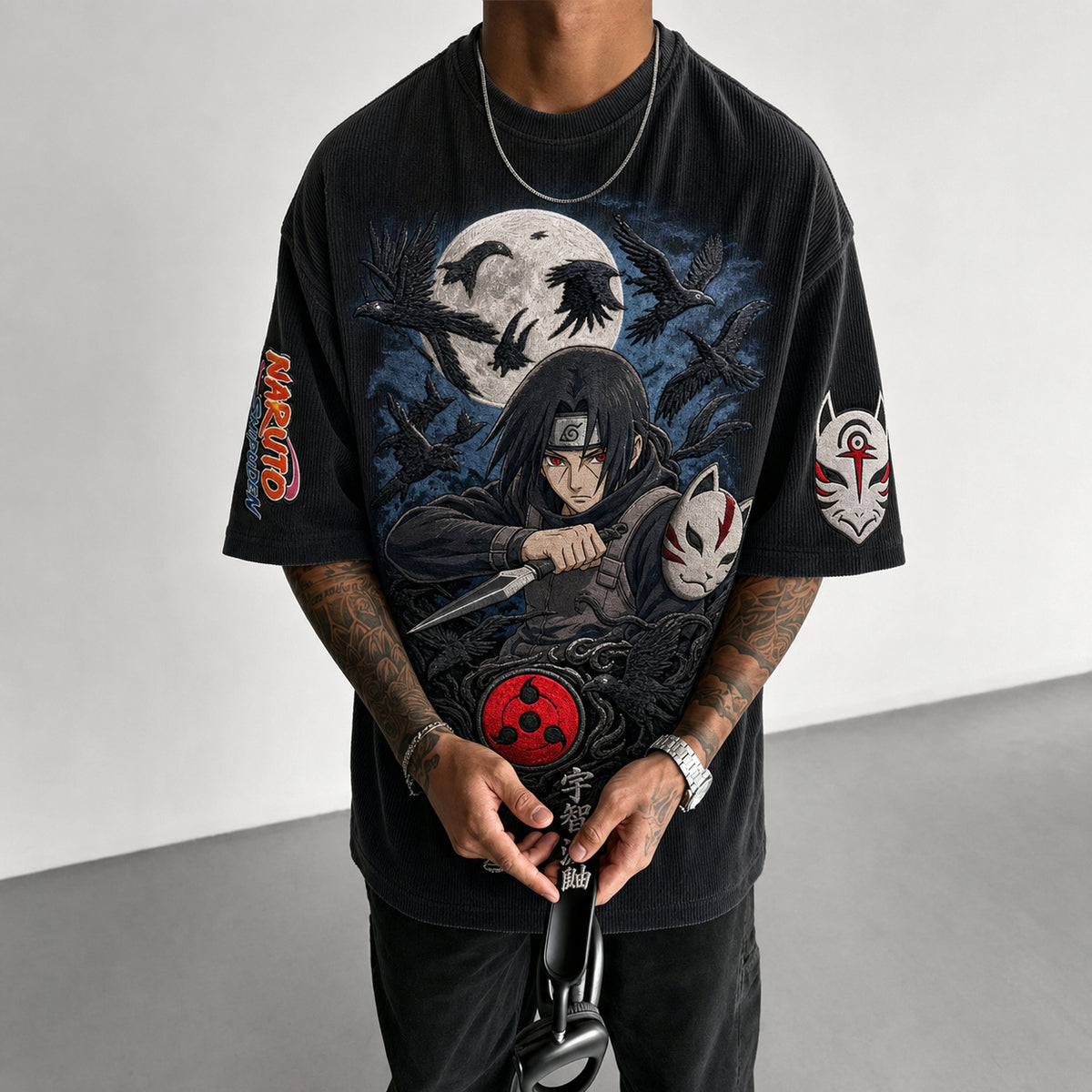NINDO Unisex Oversized Anime-Print Vertical-Stripe Short-Sleeve T-Shirt