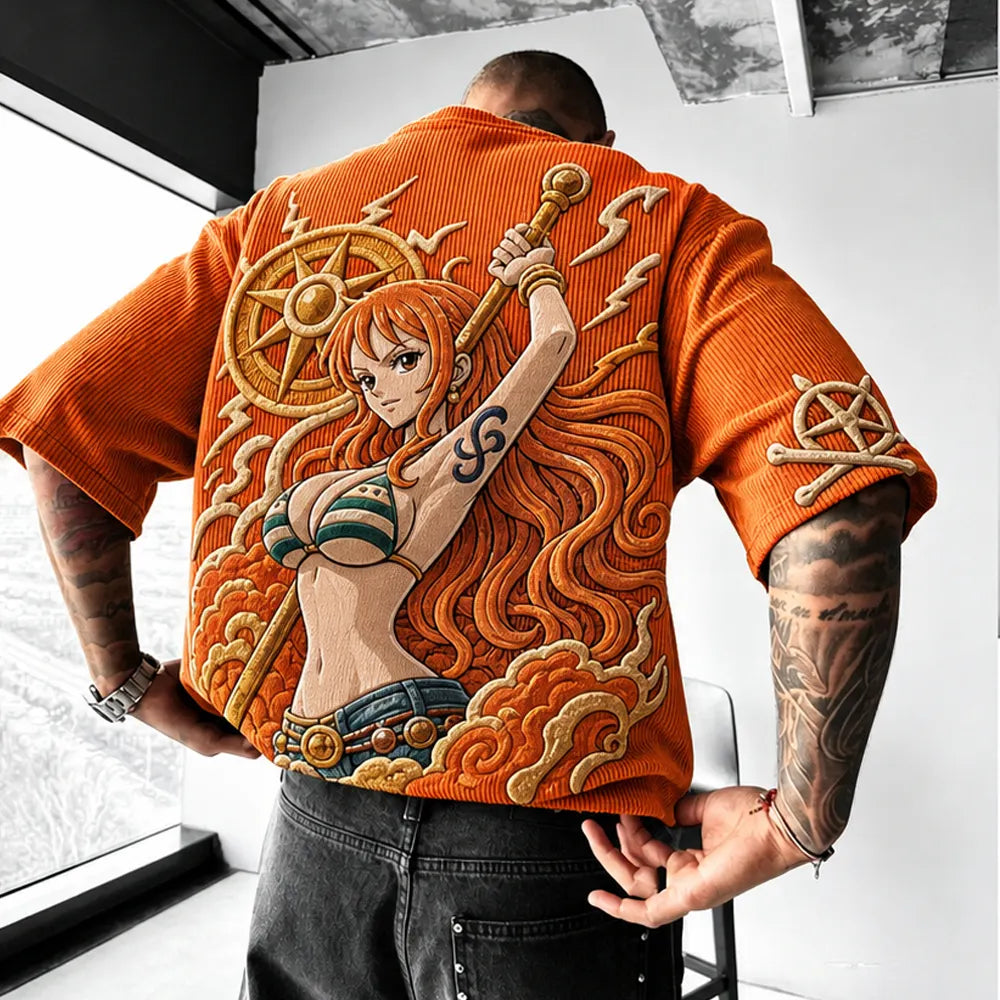 One Piece Unisex Anime-Style Retro Corduroy Oversized T-Shirt
